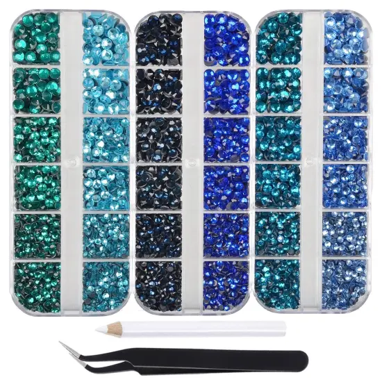 4500pcs+ Flatback Glass Hotfix Iron On Rhinestones Crystal for DIY Making with 1 Tweezer & 1 Picking Pen for Shoe, Cloth, Face Art, Bag, Manicure(3-Sizes, 6-colors, Blue Color Series) {1}