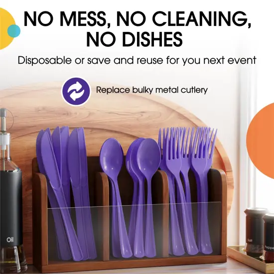 Exquisite Polished Plastic Silverware &ndash; 150 Pcs Heavy Duty Cutlery Set &ndash; 50 Each of Forks, Knives & Spoons &ndash; Disposable Utensil Set for Parties, Events & Catering &ndash; Flatware Set by Party Solids Purple {5}