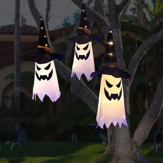 3Pcs Hanging Lighted Glowing Ghost Decoration - White Ghost {1}