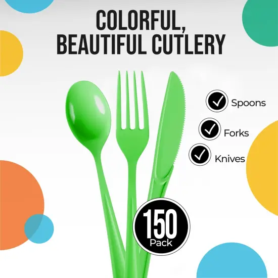 Exquisite Polished Plastic Silverware &ndash; 150 Pcs Heavy Duty Cutlery Set &ndash; 50 Each of Forks, Knives & Spoons &ndash; Disposable Utensil Set for Parties, Events & Catering &ndash; Flatware Set by Party Solids Lime {2}