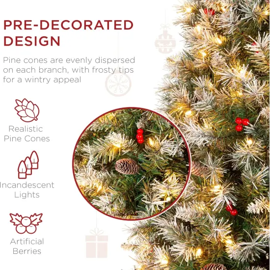 Frosted Pencil Christmas Tree Pre Lit Slim Tree with Pine Cones, 350 Lights & Metal Base {3}