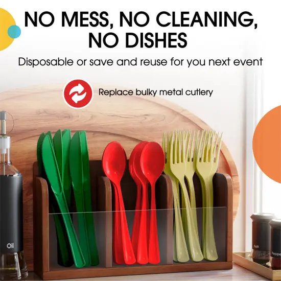 Exquisite Polished Plastic Silverware &ndash; 150 Pcs Heavy Duty Cutlery Set &ndash; 50 Each of Forks, Knives & Spoons &ndash; Disposable Utensil Set for Parties, Events & Catering &ndash; Flatware Set by Party Solids Christmas {5}