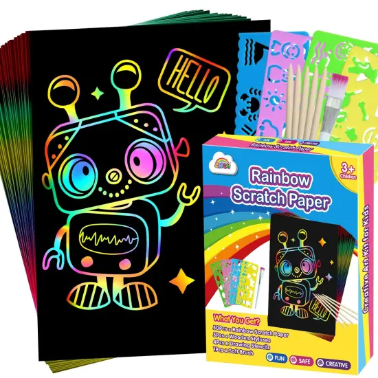 Scratch Art Crafts Boys Gifts, 50 Rainbow Scratch Paper Art Gifts for 3 4 5 6 7 8 9 10 Years Old Girls and Boys Kids, Arts and Crafts for Kids 4-6 Birthday Toys and Games Activities Gift (Blue) {1}