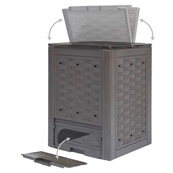 Set of 2 Brown Plastic Rattan Outdoor Compost Bins Set with Dual Access Doors {5}