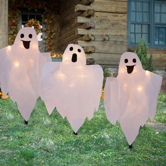 3 Pack Lighted White Cloth Ghost Stakes {1}