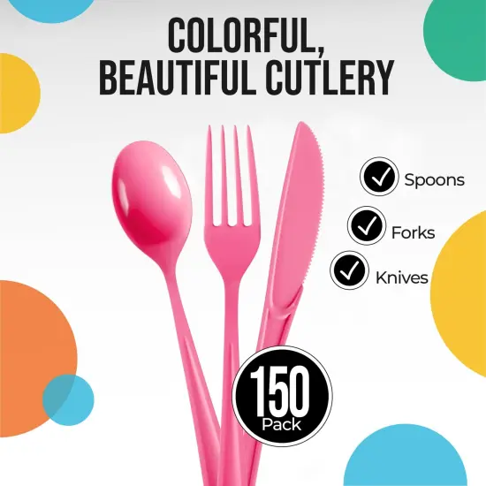 Exquisite Polished Plastic Silverware &ndash; 150 Pcs Heavy Duty Cutlery Set &ndash; 50 Each of Forks, Knives & Spoons &ndash; Disposable Utensil Set for Parties, Events & Catering &ndash; Flatware Set by Party Solids Hot Pink {2}