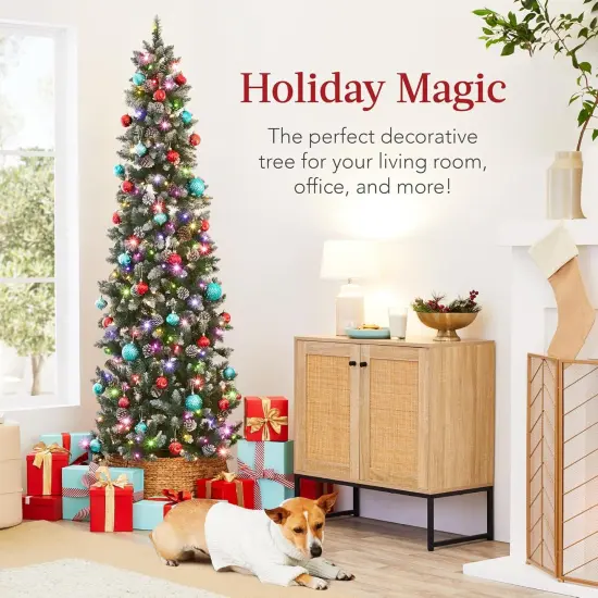 Pencil Christmas Tree Slim Frosted Tree with 250 Lights & Foldable Stand for Space Saving Holiday Decor White Lights {8}