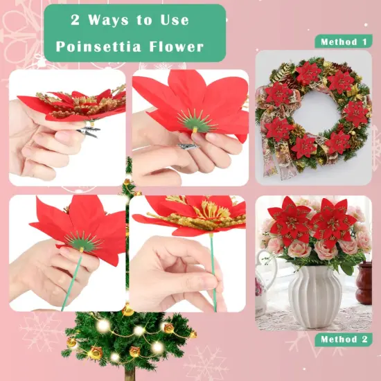 12PCS Christmas Poinsettia Flowers Decorations Artificial Red Glitter Poinsettia Ornaments with Clips & Stems for Xmas Tree, Wreaths, Garland, Holiday Decor {3}