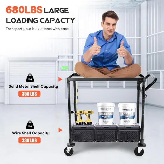 680Lbs Capacity Heavy Duty Rolling Utility Cart,2 Tier Rolling Carts with Wheels {2}
