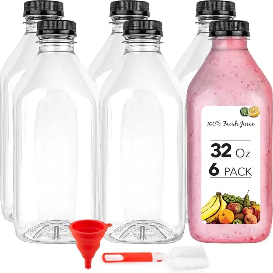 32 Oz Juice Bottles with Caps (6 Pack) - Reusable Clear Plastic Drink Containers {1}