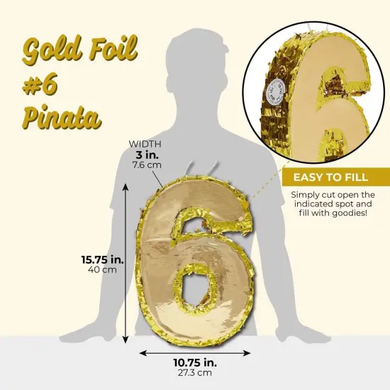 Juvale Gold Foil Number 6 Pinata for Kids Ages 3-14 Birthday Party Decorations, Centerpieces, Anniversary Celebrations, Small (15.5 x 10.5 x 3 In) {2}