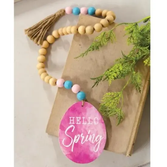 Decorative Hello Spring Wood Bead Garland with Painted Easter Egg {3}