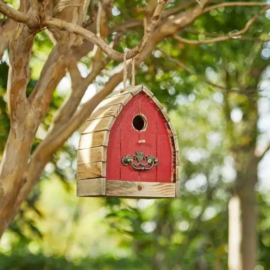 Washed Red Iron and Solid Wood Vintage Hanging Birdhouse with Metal Roof {2}