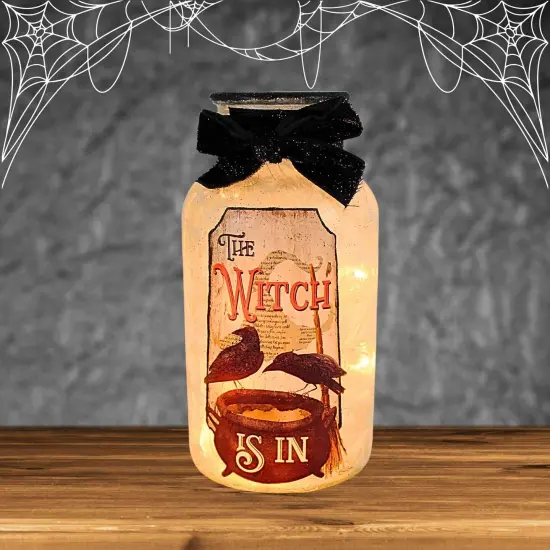 Stony Creek 6.5 Inch Hocus Pocus Small Glass Jar Lighted Halloween Lighted Glass Accent , Halloween Decor Lighted Halloween Jar Witch {4}