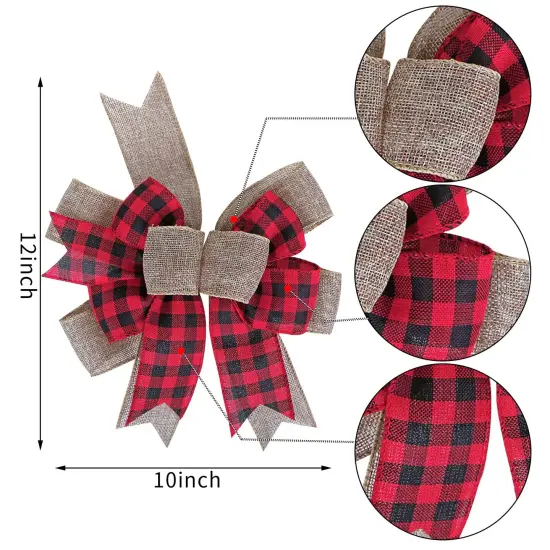 Christmas Buffalo Plaid Bow Rustic Burlap Crafts Wreath Bow for Holiday Weeding Kitchen Decor (9.5 x 13 inch) {4}
