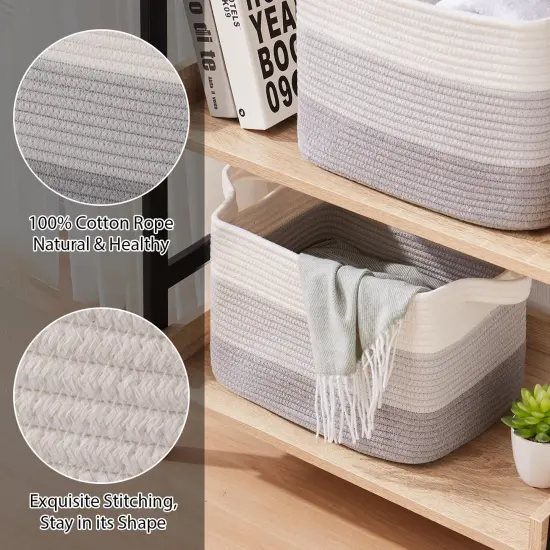 Storage Baskets for Organizing, Woven Baskets for Shelves, Rectangle Decorative Organizer for Storage Clothes, Toy, Books, Towels Nursery Bins 3 Pack (Gradient Grey) {6}
