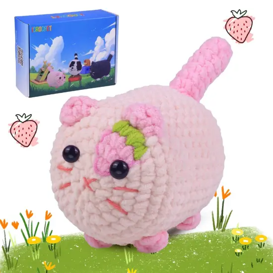 Crochet Kit for Beginners, Crochet Kit with Step-by-Step Video Tutorials, Beginner Crochet Kit for Adults, Crochet Animal Kit for Kids(Pink cat) {1}