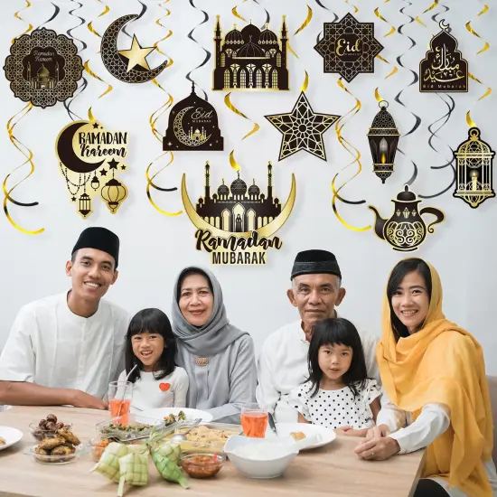 30 Pieces Ramadan Hanging Swirl Decorations, Eid Mubarak Ramadan Ceiling Decorations for Home, Foil Hanging Swirl Streams Eid Kareem Theme Decorations for Muslim Ramadan Party Supplies {2}