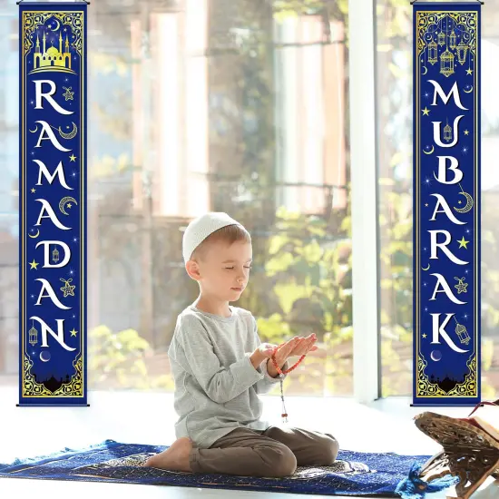 Blulu Eid Mubarak Decoration Set Ramadan Mubarak Porch Sign Ramadan Banner Hanging Decoration for Indoor/outdoor Decor Eid Al-fitr Party(Blue) {4}