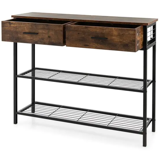 39.5 Inch Entryway Table with 2 Drawers and 2-Tier Shelves Rustic Brown {8}
