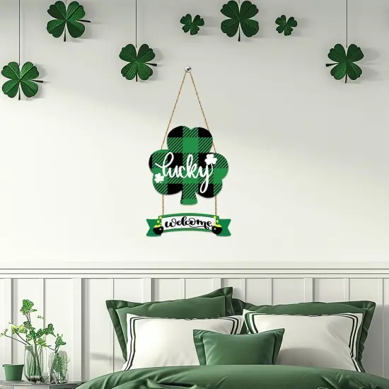 St Patricks Day Decorations St Patricks Day Wreath Front Door Decorations Buffalo Plaid Shamrock Wreath Wooden Lucky Welcome Sign Door Hanger for Wall Indoor Home Decor {5}