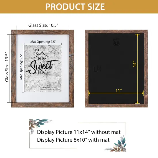 Califortree Rustic Brown 11x14 Picture Frame - Display Photos 8x10 with Mat or 11x14 Without Mat - Real Glass Inside - Set of 2 {4}