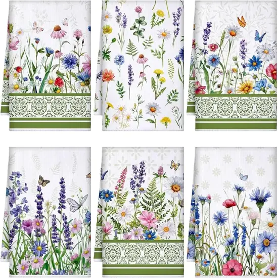 6 Pieces Floral Kitchen Towels Flamingo Dish Hand Towels Sunflower Daisy Flower Tea Towels for Spring Kitchen Bathroom Decor,16 x 24 Inch(Fresh Color,Wildflower) {1}