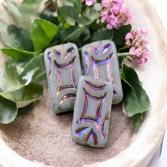 *6* 19x13mm Matte Grey Opal Sliperit Rainbow Rectangle Beads {2}