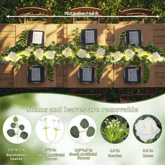 6.6FT Eucalyptus Garland with Lights Spring Baby Breath Flower Garland with 12 White Roses Artificial Floral Greenery Vine for Table Arch Backdrop Wedding Valentines Day Decorations {3}