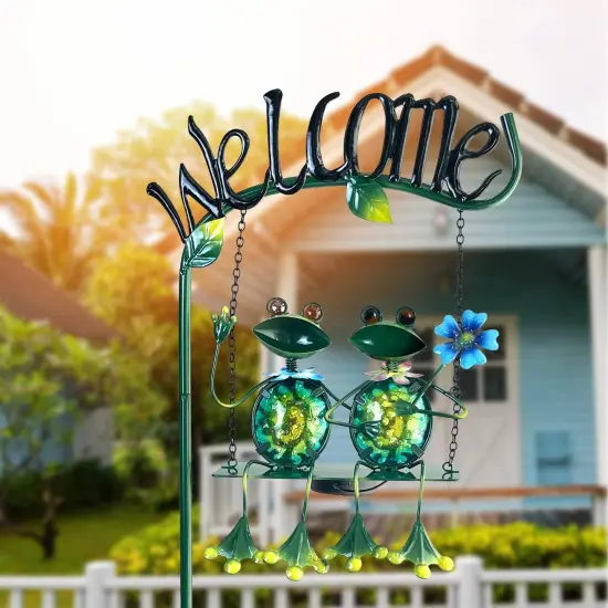 Outdoor Garden Solar Lights,Frog Swing Garden Decor,Frog Decorative Stake with Welcome Sign for Landscape Patio Yard (48 inch) {3}