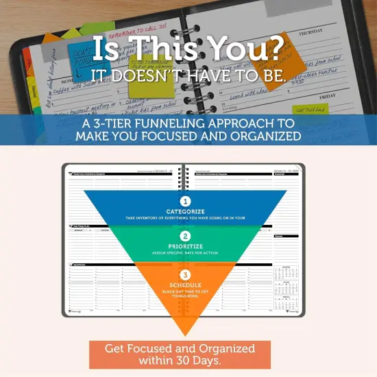 Planner Pad Spiral Bound January-December 2025/ Calendar Year 8 1/2" x 11" Large 3-Tier Funnel Down 12 Month Organizer, Black Cover/Black Ink {2}