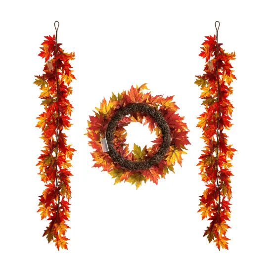 6'L Fall Lighted Maple Leaves Garland & 24"D Fall Lighted Maple Leaves Wreath with Timer {6}