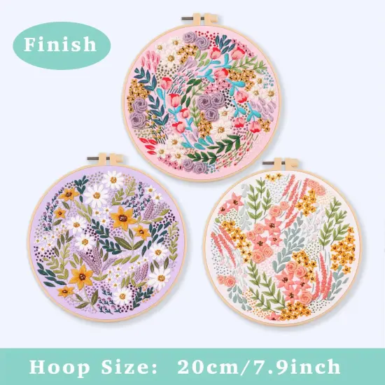 3 Pack Embroidery Starter kit with Patterns and Instructions, DIY Adult Cross Stitch Kits Beginner, Including 3 Plastic Embroidery Rings, 1 Scissors, Colored Threads and Needles {6}