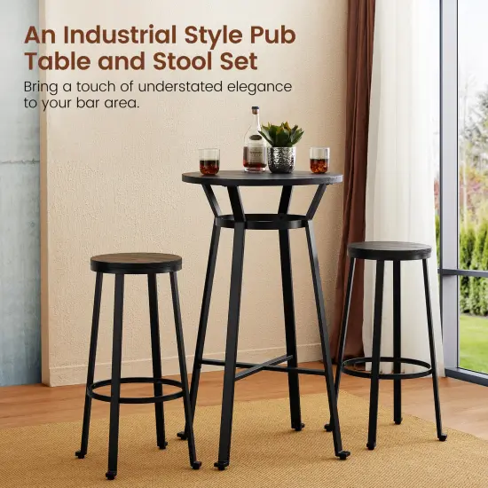 Set of 3 Steel Bar Table and Bar Stool Pub Set (1 Table+2 Stools) Black {3}