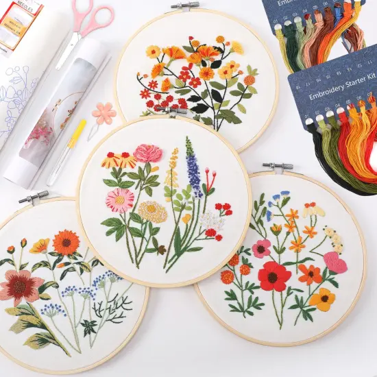 4 Sets Embroidery Kit for Beginners with Stitch Video, Flower Cross Stitch Kits for Adults, Starter, Hand Craft Lover Practice with Floral Stamped Pattern, 2 Hoops, Needles, Scissors, Tools {1}