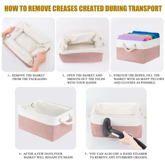 LordCom Storage Bins with Sturdy Cotton Handles(1 Pack), Fabric Storage Baskets for Organizing use for Office & Home, Book, Clothes, Toys, Closet Boxes (Small, Pink-White, 12.2x8.3x6.3 inches) {2}