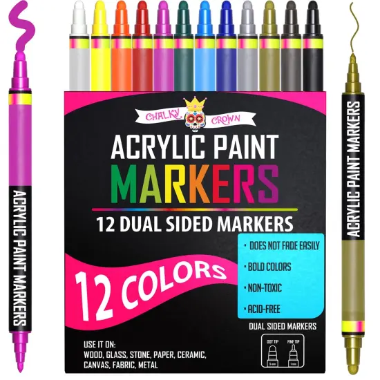 Acrylic Paint Markers Dual Tip (12 Pack) - Acrylic Markers Paint Pens for Rocks - Bold Acrylic Paint Pens Fine Tip and Dot Tip - Fabric Makers Permanent for Clothes Water Based Markers - Chalky Crown {2}