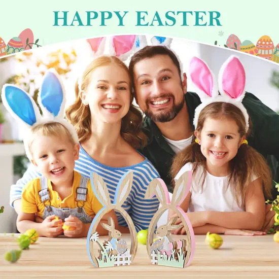 2Pcs Easter Decorations for the Home Farmhouse Rustic Wooden Bunny with Egg Easter Tiered Tray Decor Happy Spring Decoration for Indoor Home Party Easter Tabletop Decoration Easter Gifts for Kids {2}