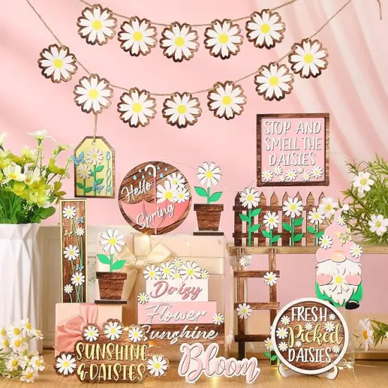 15 Pcs St. Patrick's Day Tiered Tray Decor Set St Patrick's Day Decoration Easter Wooden Table Sign Easter Tiered Tray Decorations Farmhouse Tabletop Decorations for Home Kitchen(Flower) {2}