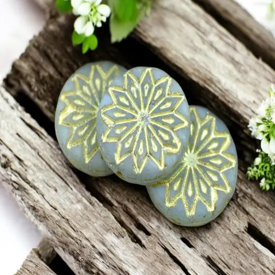 *6* 18mm Gold Washed Matte Aqua Opaline Star Flower Coin Beads {4}