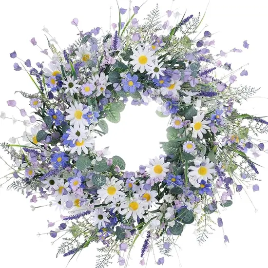 24 Inch Spring Wreaths for Front Door Summer Door Wreath Spring Flower Wreaths Summer Wreath with Daisy Lanvender for Spring Summer Indoors Outdoor Home Decorations {1}