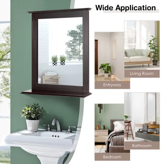 Bathroom Multipurpose Wall-Mounted Mirror W/Shelf Vanity Makeup Mirror Brown {3}