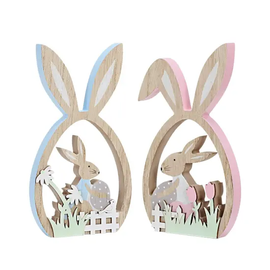 2Pcs Easter Decorations for the Home Farmhouse Rustic Wooden Bunny with Egg Easter Tiered Tray Decor Happy Spring Decoration for Indoor Home Party Easter Tabletop Decoration Easter Gifts for Kids {1}