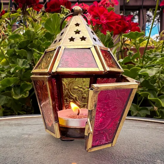 In the Breeze 9204 &mdash; Pink & Yellow Mini Hex Tealight Lantern &mdash; Moroccan-Style Boho Chic Tealight Glass and Metal Tabletop Lantern {3}