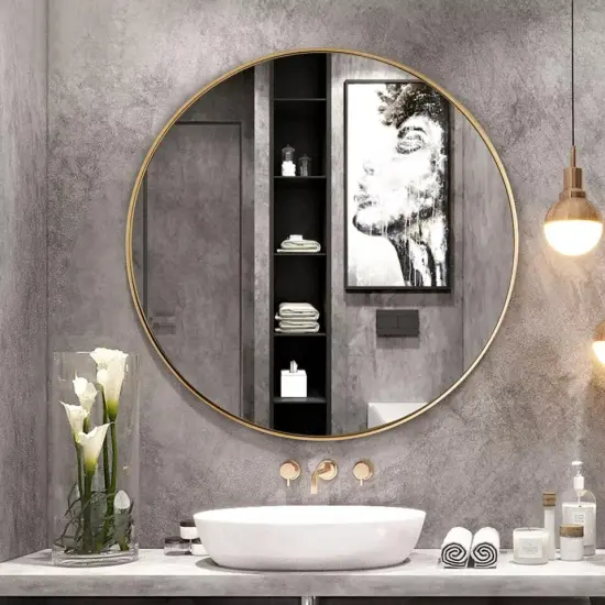 27.5" Modern Style Wall-Mounted Round Mirror Metal Bathroom Entryway Use Gold {2}