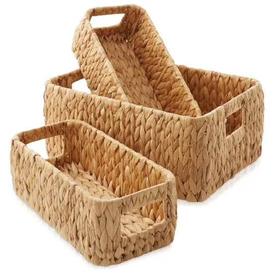 3pc Hyacinth Wicker Storage Basket Set, Woven Shelf Organizer Bins, Natural {5}