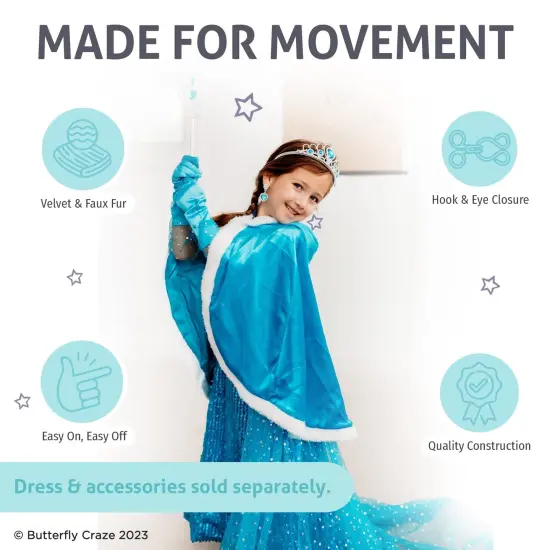 Butterfly Craze Snow Princess Kids Cape with Hood - A Gorgeous Ice Blue Children's Warm Winter Wrap Shawl Perfect for your Toddler's Adventure, Pretend Play & Dress up Costume, Cape Only, L 5-6yrs {4}