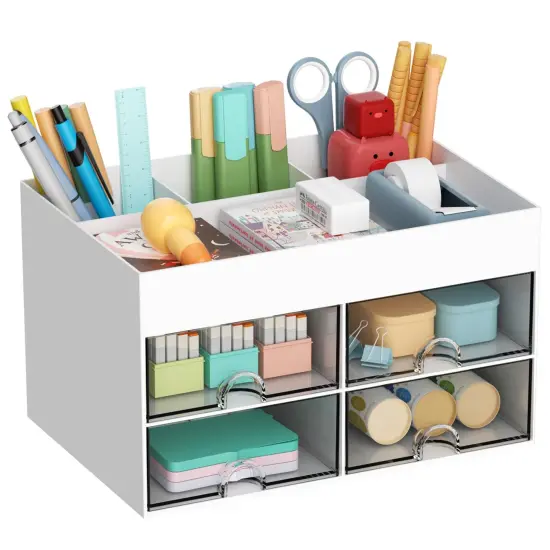 Pen Organizer with 4 Drawer, Multi-Functional Pencil Holder for Desk, Desk Organizers and Accessories with 4 Compartments + Drawer for Office Art Supplies (White) {3}