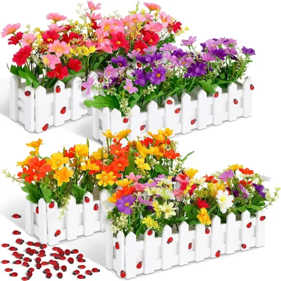 Artificial Flower Plants Potted in Picket Fence Mixed Color Daisies in Picket Fence Pot for Indoor Office Wedding Home Spring Decor(11.8 Inch, 24 Pcs) {1}