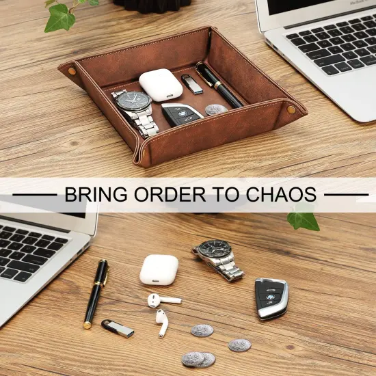 SITHON Valet Tray Desktop Storage Organizer &ndash; Premium PU Leather Catchall Bedside Vanity Tray Nightstand Caddy Holder for Remote Controller, Keys, Phone, Wallet, Coin, Jewelry, Brown {5}